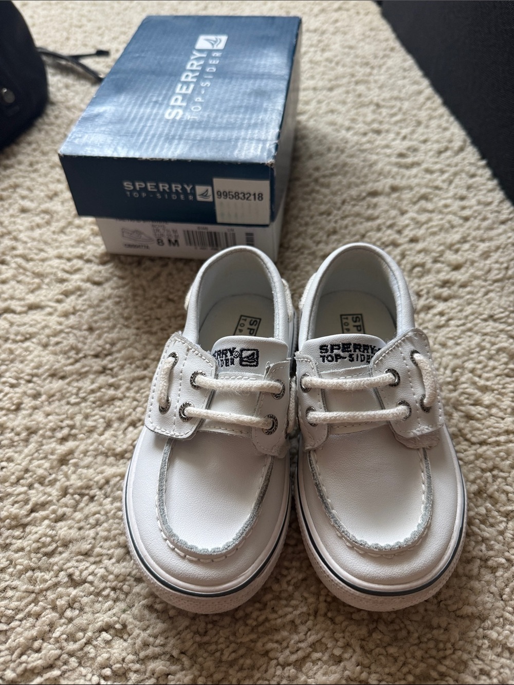 Sperry Kids White Leather Boat Shoes with Silver Stitching